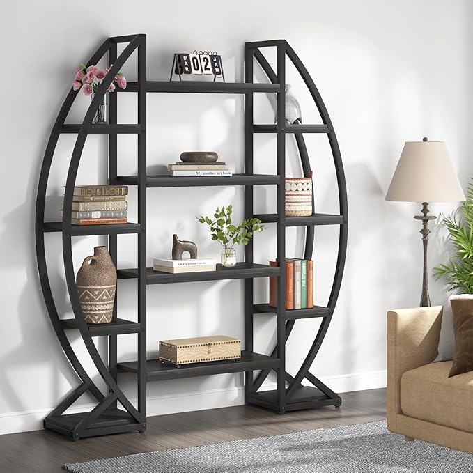 Tribesigns Oval Bookshelf, Triple Wide 5 Tiers Etagere Bookcases, Industrial - Image 5