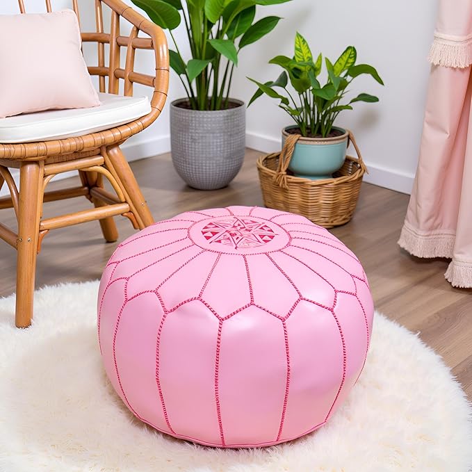 Stuffed Round Design Moroccan Leather Pouf Ottoman, Pre-Filled, 100% Genuine - Image 2
