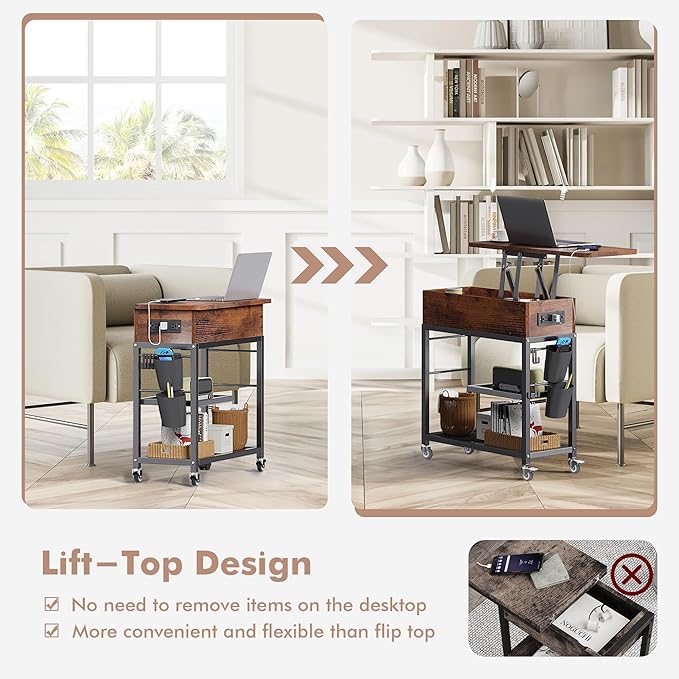 Colima Lift Top End Table with Charging Station and Wheels, Sofa Side Table - Image 6