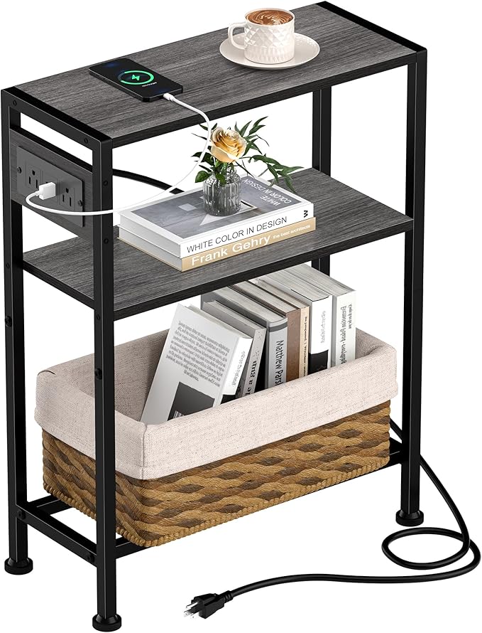 Small Narrow Side Table with Charging Station, Skinny End Table by HOME