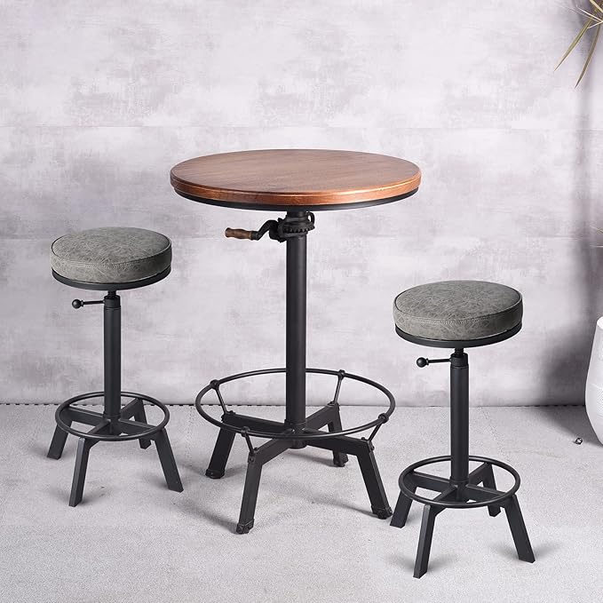 Vintage Bar Stools Set of 2 Industrial Bar Stool Swivel PU Seat Counter Height - Image 2
