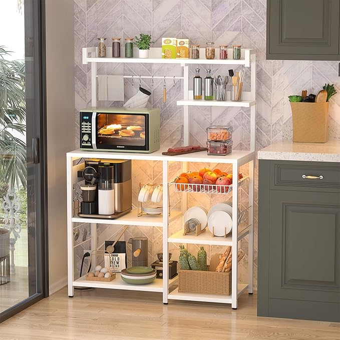 Aheaplus Bakers Rack with Power Outlet and LED Light Strings, Microwave Oven - Image 5