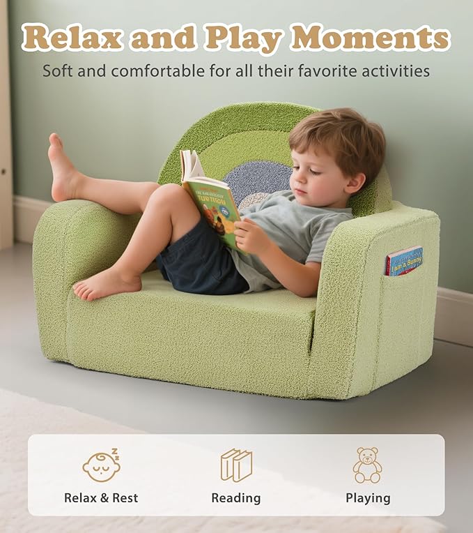 Kids Couch, 2-in-1 Soft Toddler Couch Fold Out - Image 4