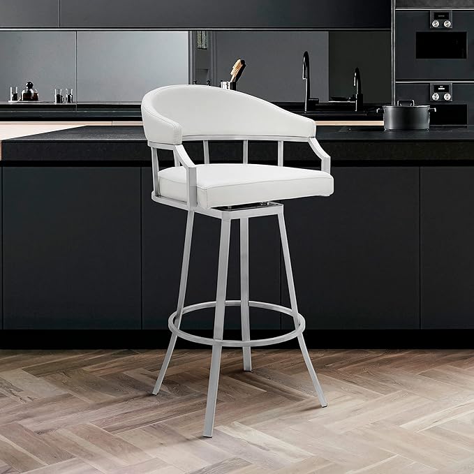 Armen Living Valerie Modern 26" Seat Height White Faux Leather and Brushed - Image 2