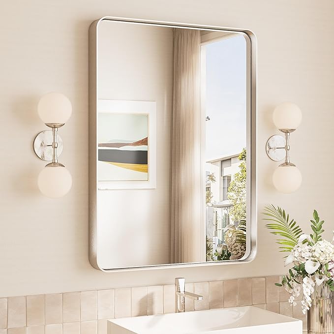 TokeShimi 24x32 Brushed Nickel Bathroom Wall Mirror Vanity Metal Frame Round by RefinedBathroomAccessories