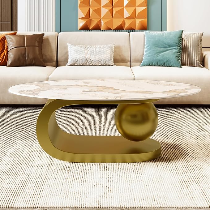 Merax 47.2" Modern Oval Coffee Table, Marble Pattern Sintered Stone Coffee by Merax