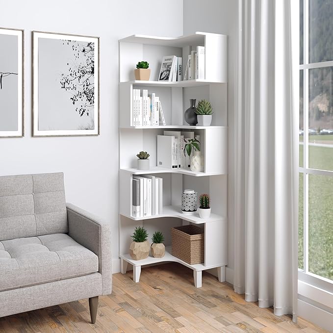 Prepac Nordik 6-Tier White Modern Mid Century Corner Bookcase, 71.5" Extra Tall - Image 2