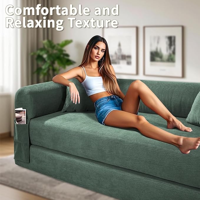 80" Convertible Sofa Bed, 3-in-1 Corduroy Folding Pull Out Couch - Image 8