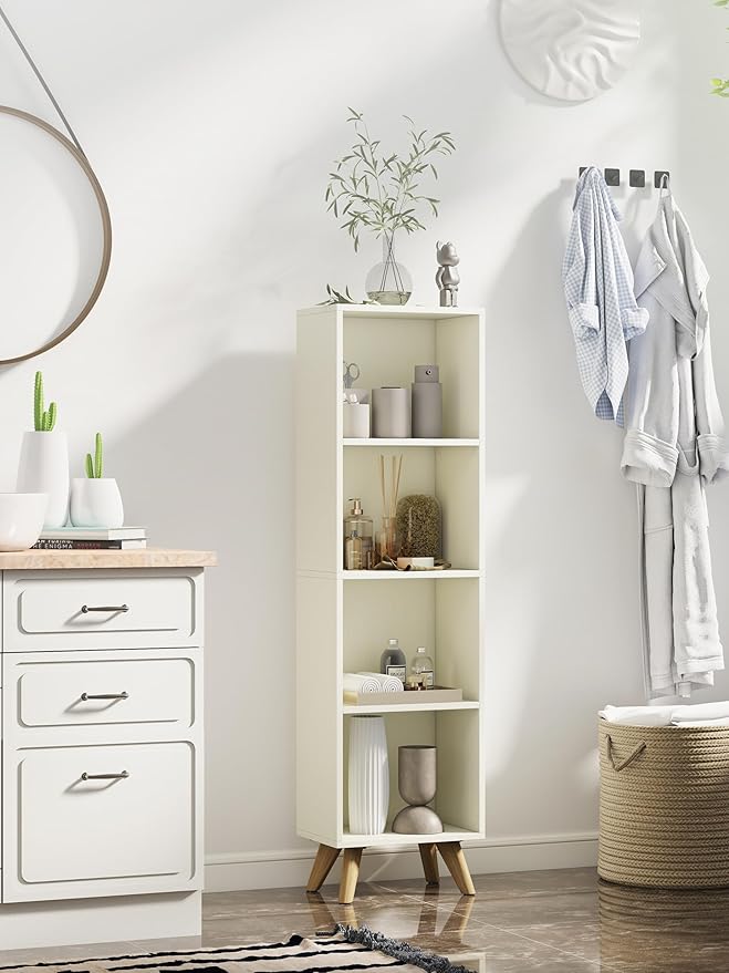 Manora Small Bookcase with 4 Open Shelves, Modern White Bookshelf with Wooden - Image 2