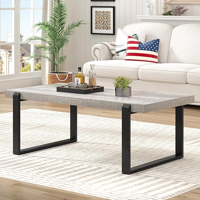 FOLUBAN Modern Coffee Table, Rustic Wood and Metal Center Table, Rectangle - Image 3
