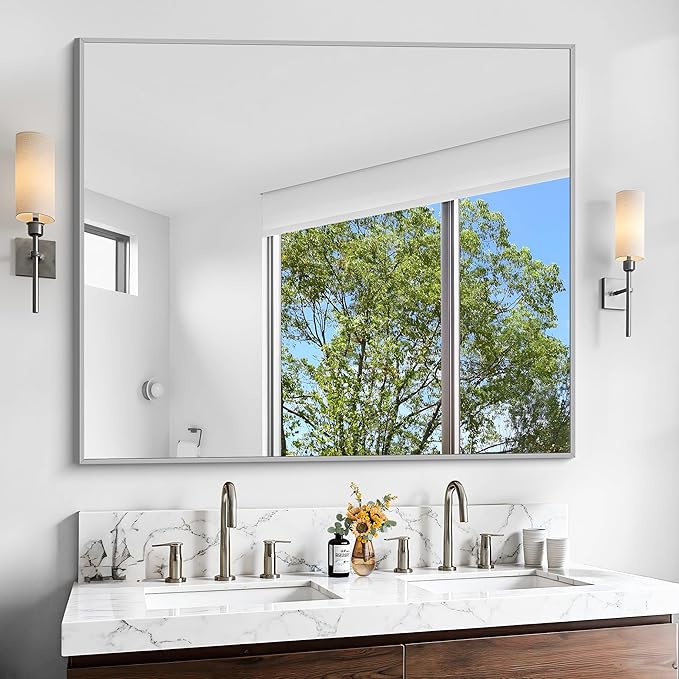 KOCUUY Silver Bathroom Mirror, Brushed Nickel Vanity Mirror by KOCUUY