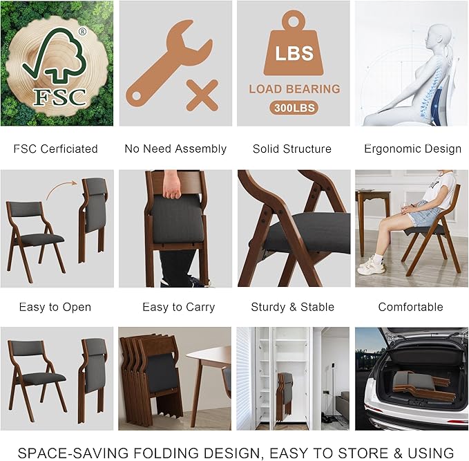 Folding Dining Chairs Set of 2, Upholstered Kitchen Chair - Image 5