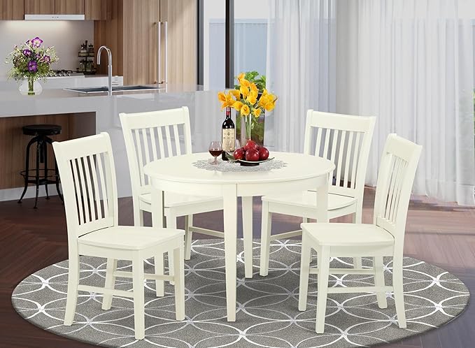 East West Furniture BONO5-LWH-W 5 Piece Dining Set Includes a Round Dinner - Image 2