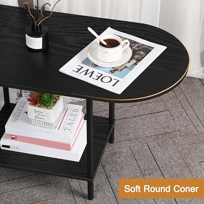 Black Coffee Table for Living Room, 2-Tier Small Oval Center Table, Mid Century - Image 4