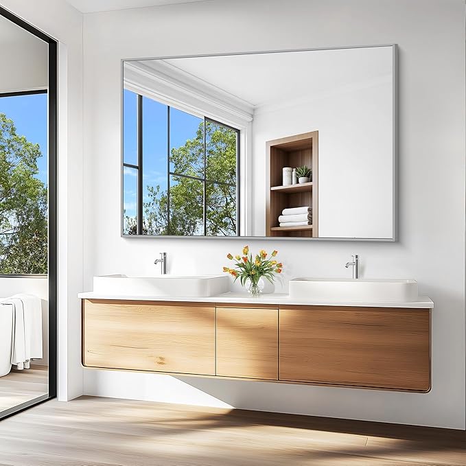 KOCUUY Large Silver Bathroom Mirror, 60x40 inch Rectangular Mirror - Image 8