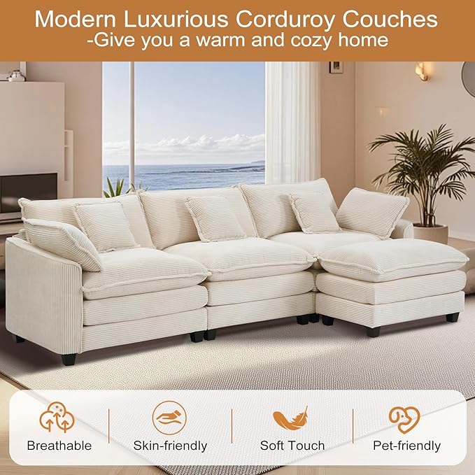Furniliving 117‘’ L-Shaped Sofa, Luxury Corduroy Modular Sectional Couches - Image 7
