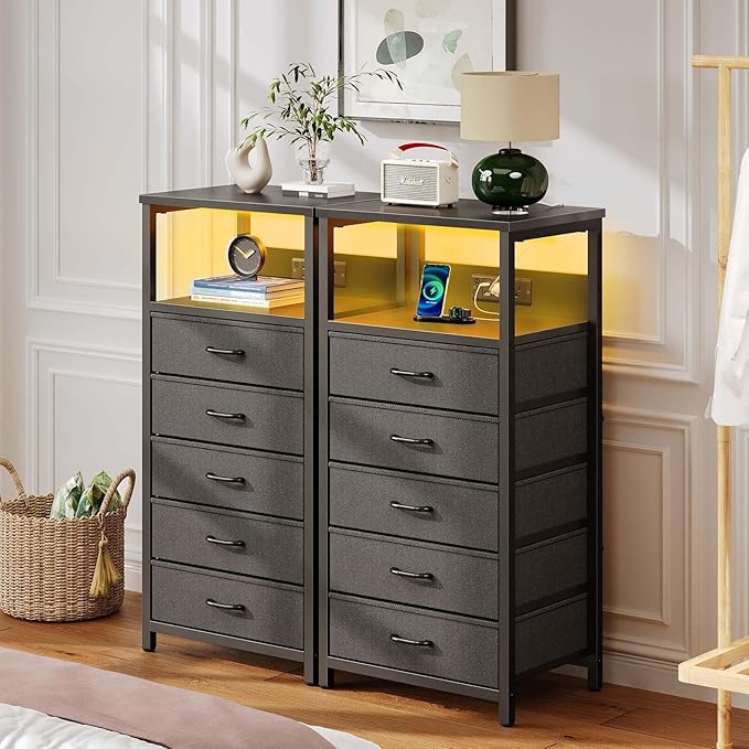 Seventable Night Stand with Charging Station, Tall Nightstand with 5 Fabric - Image 7