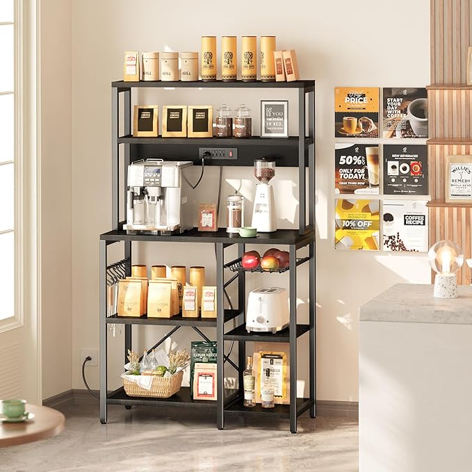 SUPERJARE Bakers Rack with Power Outlet, 35.4 Inches Coffee Bar with Wire Basket - Image 5