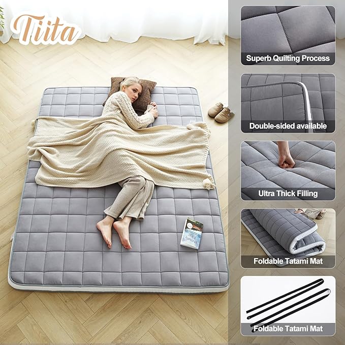 Tiita Japanese Floor Mattress Futon Mattress 4” Thick Folding Roll Up Sleeping - Image 5