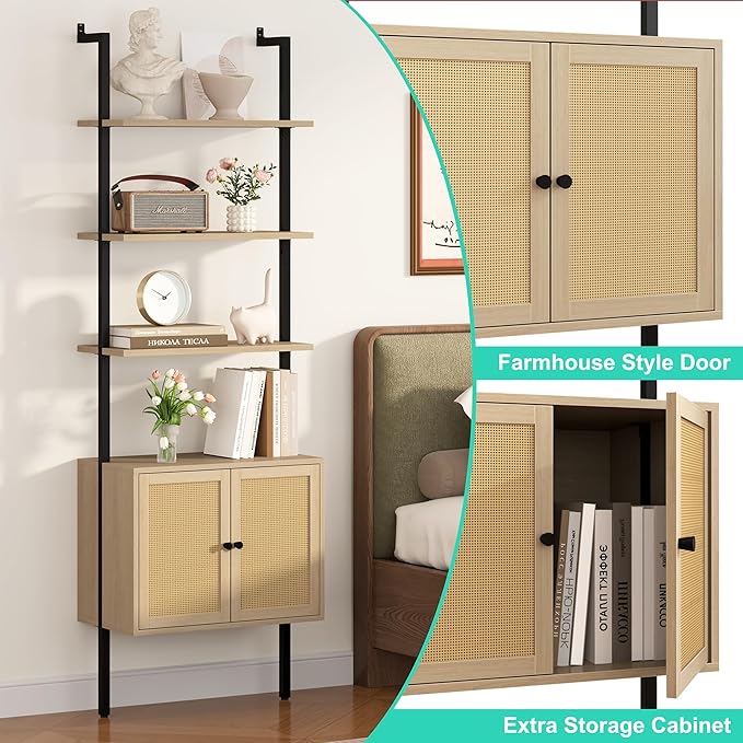 Yusong 73" Tall Bookshelf with Cabinet, Industrial Ladder Wall Mount Shelf - Image 6