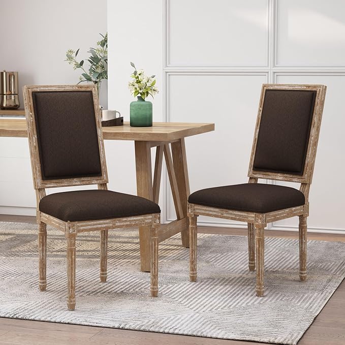 Merax Upholstered Solid Wood Dining Chairs Set of 2, French Country Style - Image 4