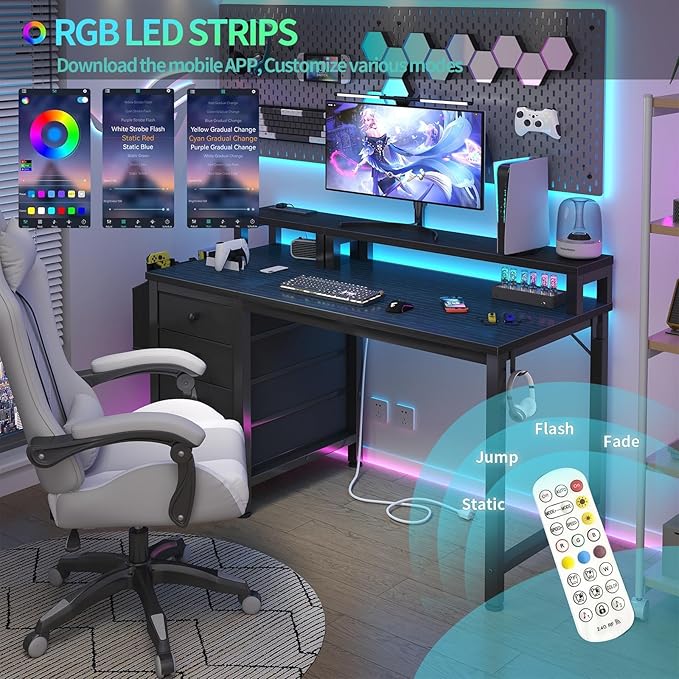 Lufeiya Gaming Desk with LED Lights and Power Outlets, 47 inch Computer Desk - Image 4