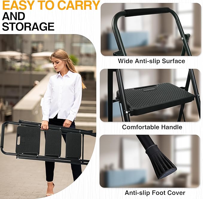 3 Step Ladder, Portable Steel Folding Step Stool - Image 6