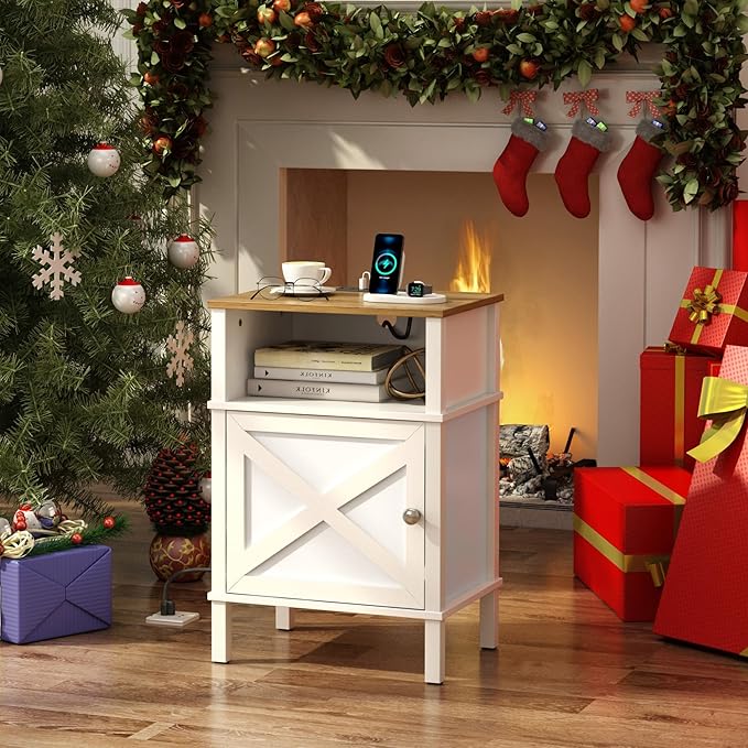 Farmhouse Nightstand with Charging Station, End Table with Storage, Night Stand - Image 4