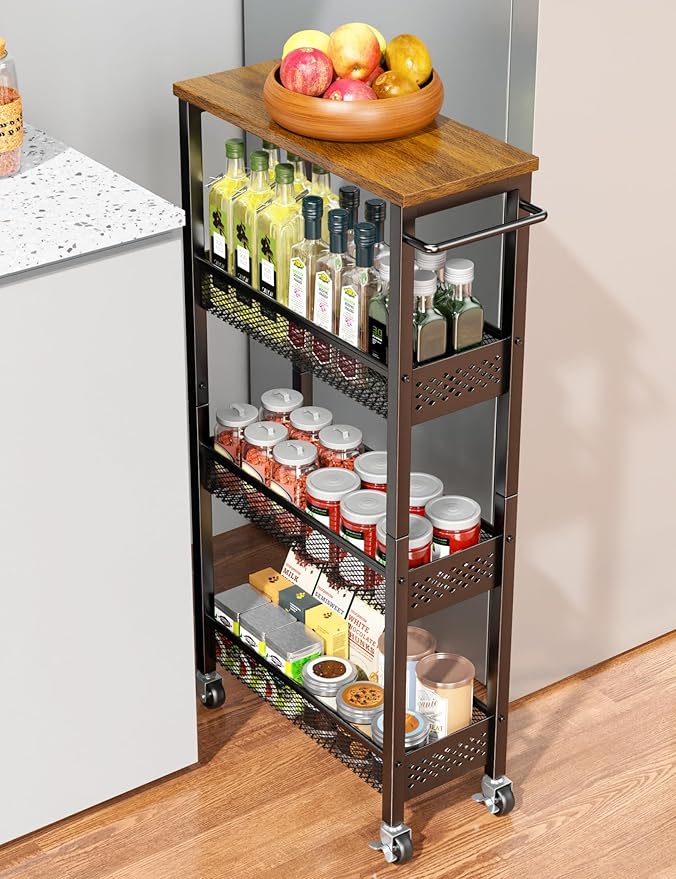 Utility Slim Storage Cart, 4 Tier Small Rolling Kitchen Laundry Room Cart by OKZEST