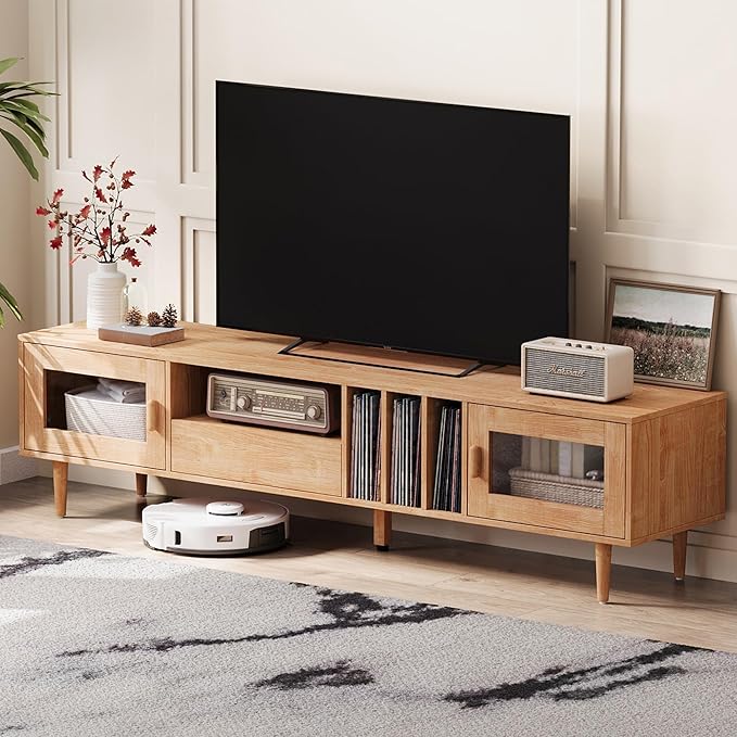 LINSY 70" TV Stand for TVs up to 80 Inch, Mid Century Modern Entertainment - Image 5