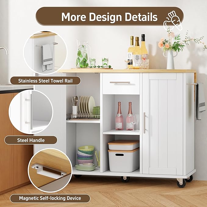 Shintenchi Kitchen Island with Storage, Bar Cart Cabinet Island Table on Wheels - Image 4