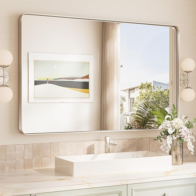 TokeShimi 48x30 Brushed Nickel Bathroom Wall Mirror Vanity Metal Frame Round by RefinedBathroomAccessories