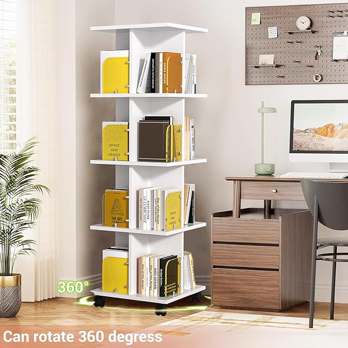 VECELO 4-Tier Rotating Bookshelf on Wheels, Revolving Bookcase Tower, Mobile - Image 4