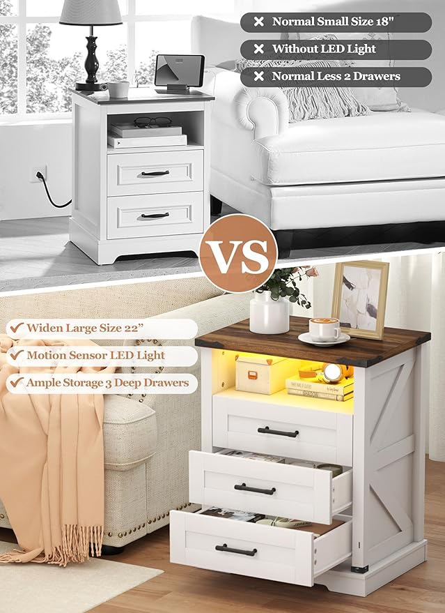 Night Stand with Charging Station 22" Large Farmhouse Nightstands with 3 - Image 6