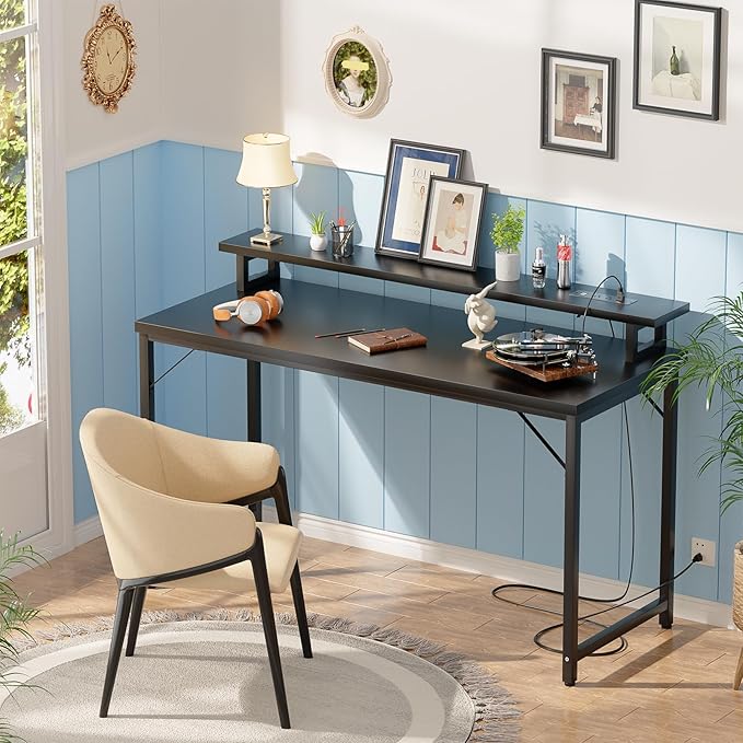47 inch Computer Desk with Power Outlets, Gaming Desk with LED Lights, Home - Image 2