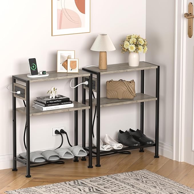 Small Narrow Side Table with Charging Station, Skinny End Table - Image 9