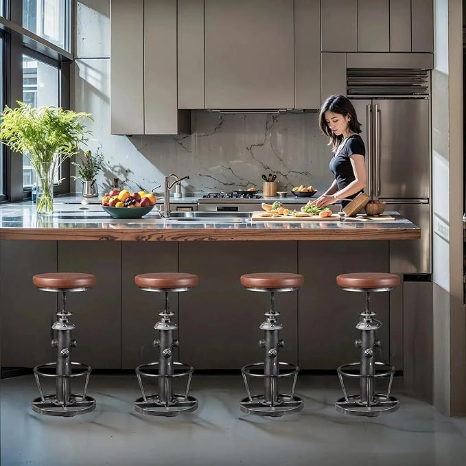 Industrial Swivel Bar Stools Kitchen Island Dining Chairs Pu Seat Bar Counter - Image 2