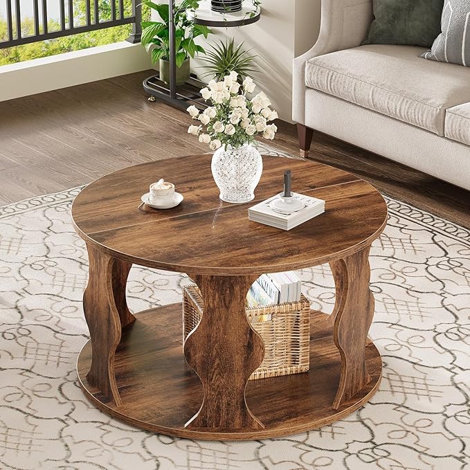 HSH Round Wood Coffee Table, Rustic Brown Circle Center Table - Image 7