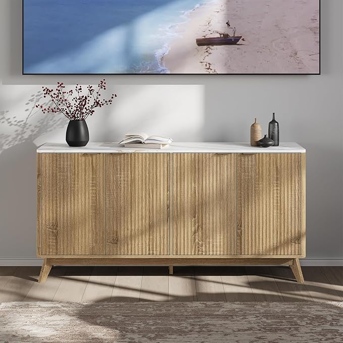 Buffet Cabinet with Storage, Fluted Multifunctional Storage Cabinet with 4 Doors - Image 7