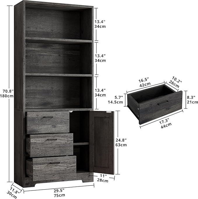 IRONCK Bookshelf with Door and 3 Drawers, 71in Tall Bookcase Shelf with 3-Tier - Image 3