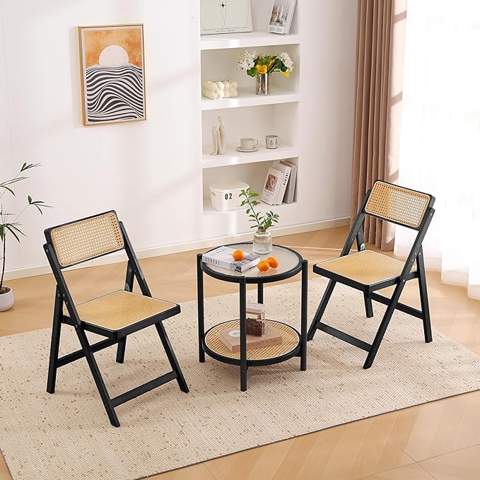 Tiita Rattan Dining Chairs Set of 2, Mid Century Modern Folding Chair, Bamboo - Image 2