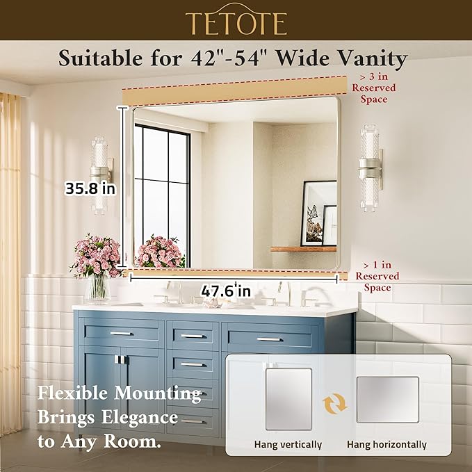 TETOTE 48 x 36 Inch Brushed Nickel Bathroom Mirror Metal Framed Bathroom Mirror - Image 7