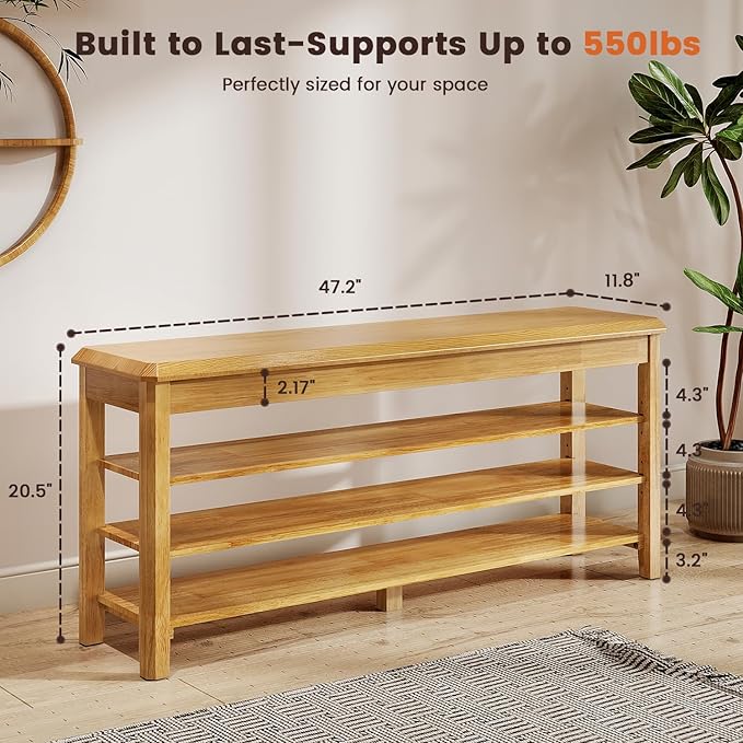 Shoe Rack Bench Seat Rubberwood 3-Tier Wooden Storage Bench 550lbs Compact - Image 2