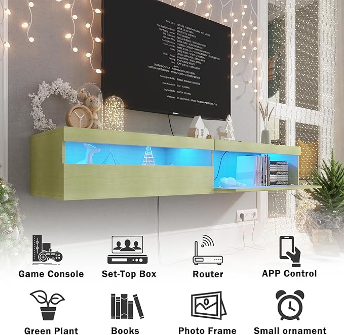 Floating TV Stand with Led Lights, 71 inch Wall Mounted TV Shelf with Power - Image 4