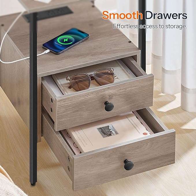 HOOBRO End Table with Charging Station, Nightstand with 2 Drawer & USB Ports & - Image 6