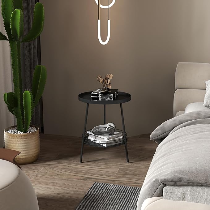 Benkyo 2 Tier Black Metal Round Side Table Tiered Two Shelf Storage Coffee Sofa - Image 6