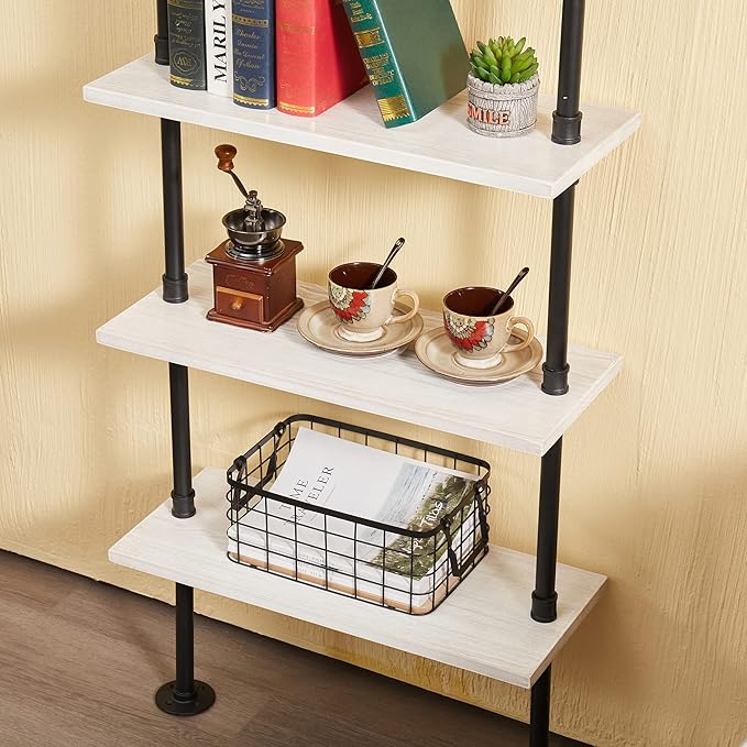 Pipe Shelves, 5 Tier Industrial Ladder Bookcase, Wall Mounted Metal Wood Rustic - Image 9