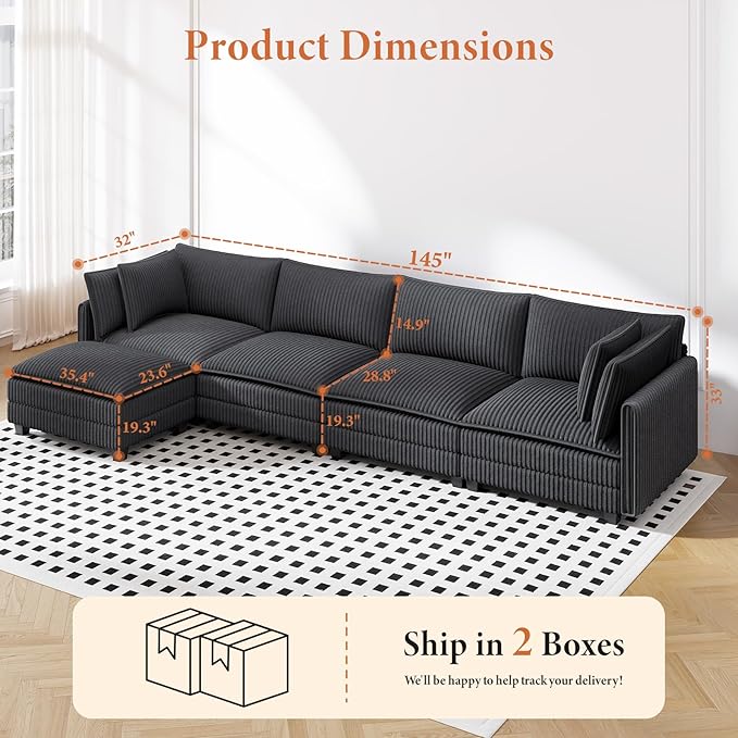 Vesgantti 143" L Shaped Modular Sectional Sofa, Comfy Corduroy Upholstered - Image 2