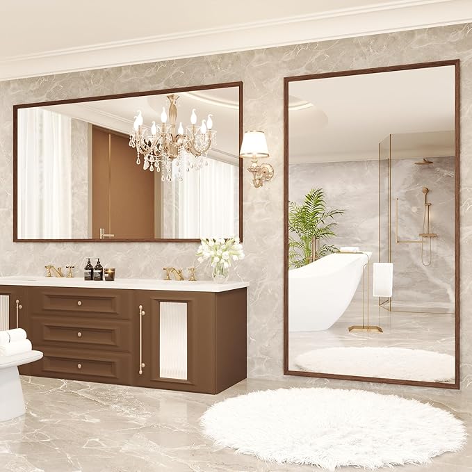 Rectangle Walnut Bathroom Mirror 55x30 Inch, Anti-Rust 4MM Tempered Glass - Image 8