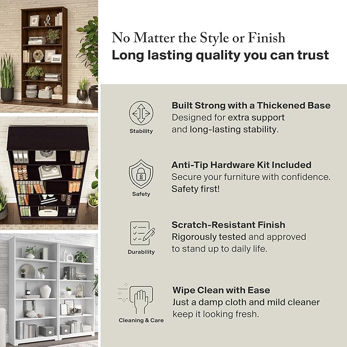 Bush Furniture Tall 5 Shelf Bookcase, Large Open Bookshelf, Sturdy Display - Image 5